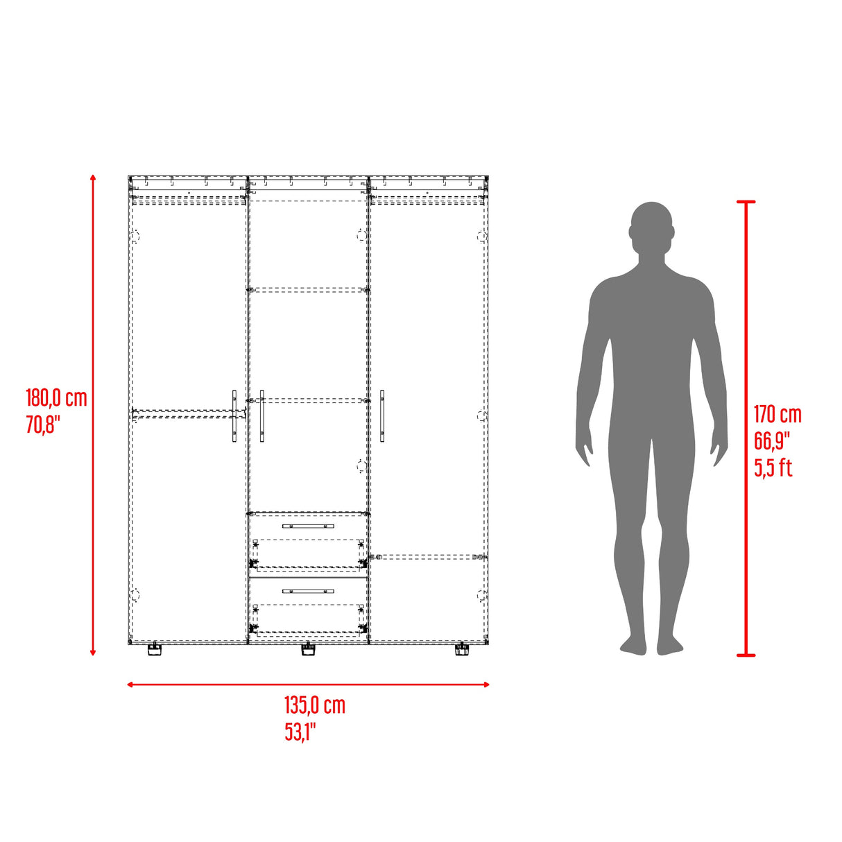 Closet Baru Blanco 135x180cm con Tres Puertas y con Dos Cajones