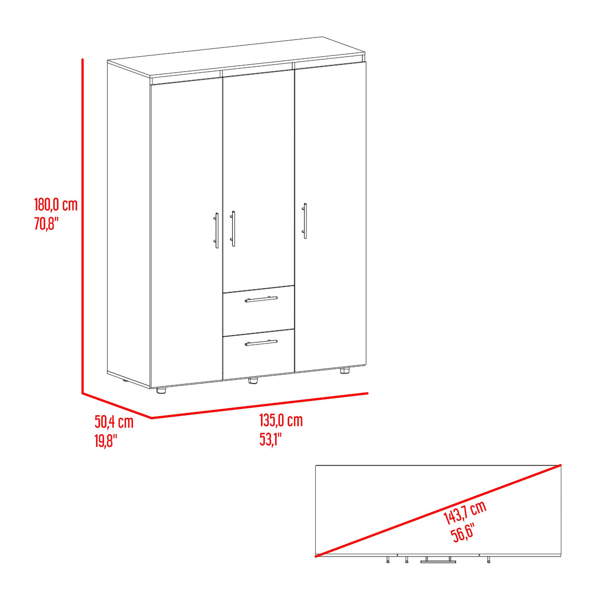 Closet Baru Blanco 135x180cm con Tres Puertas y con Dos Cajones