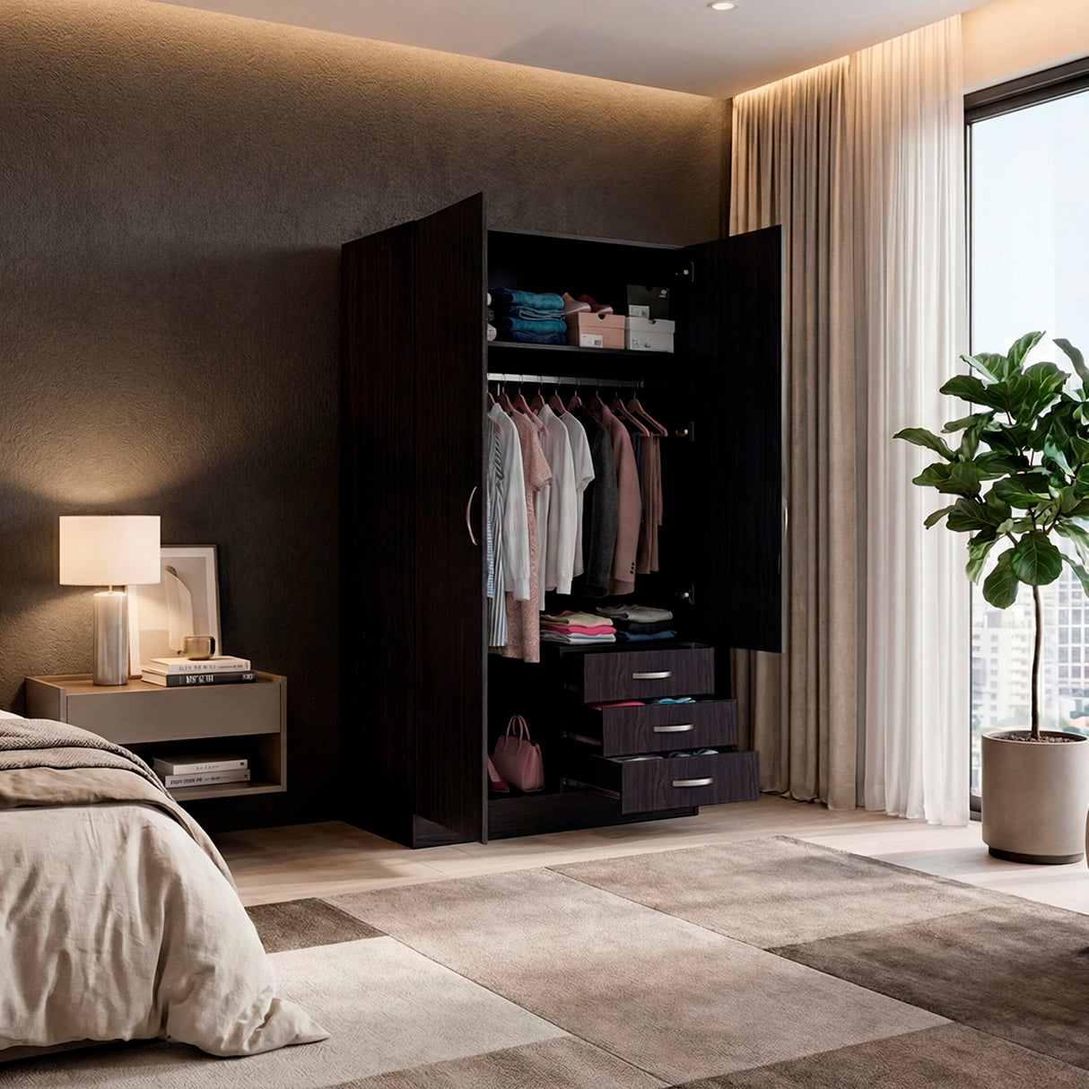Closet Marfil Wengue 100x180.6cm con Dos Puertas y con Tres Cajones