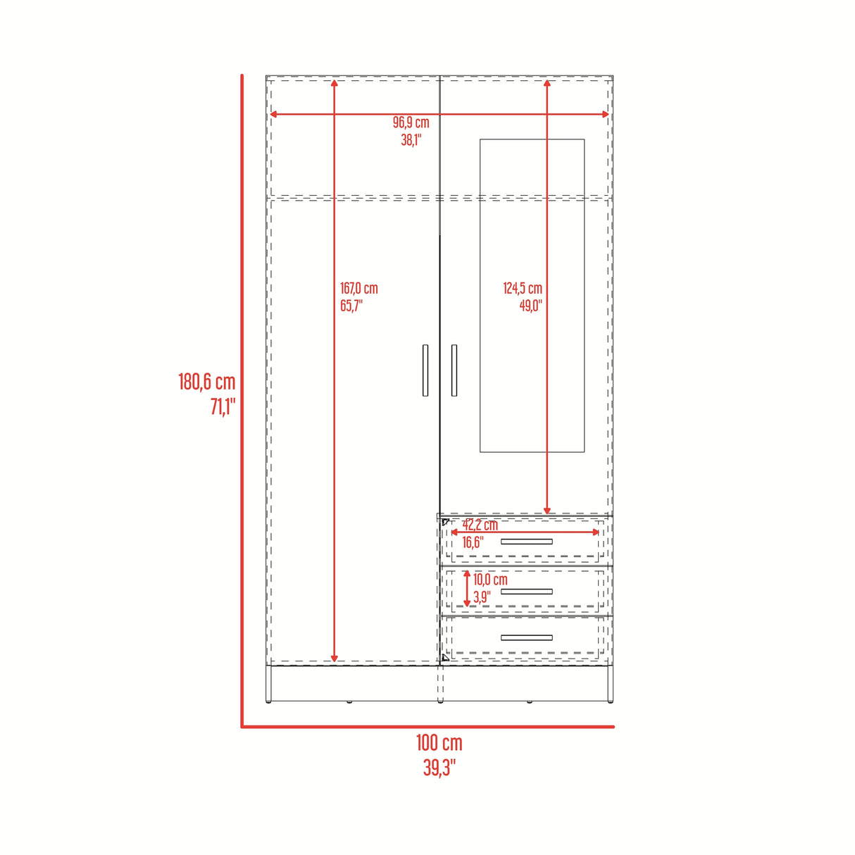 Closet Marfil Wengue 100x180.6cm con Dos Puertas y con Tres Cajones