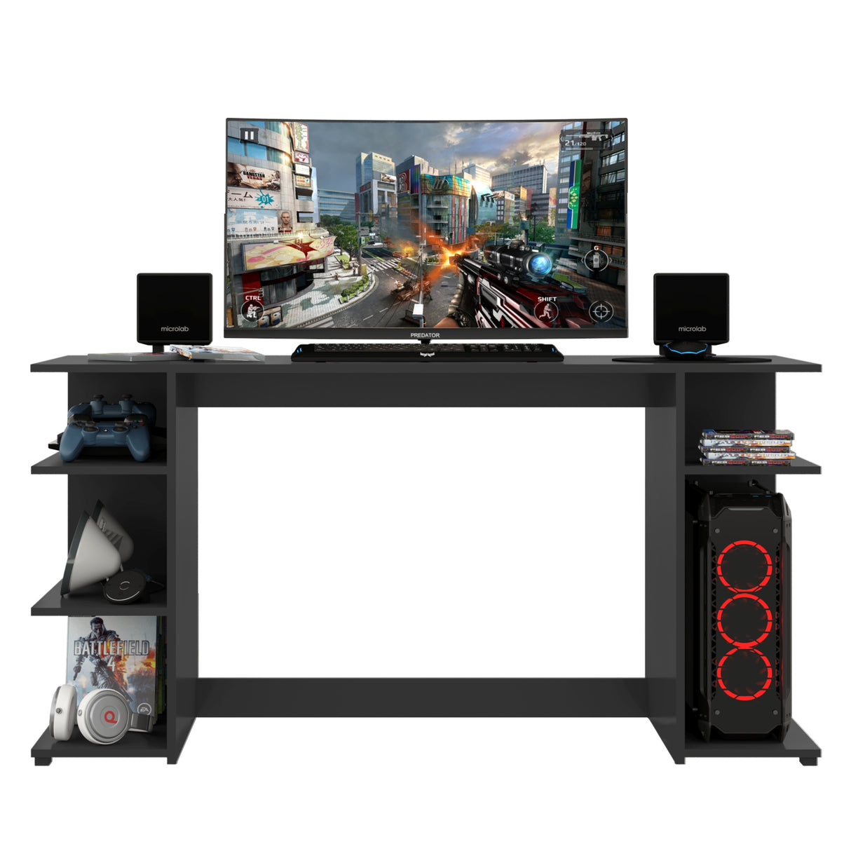 Escritorio Gamer Negro 136x74cm con Organizador de Libros