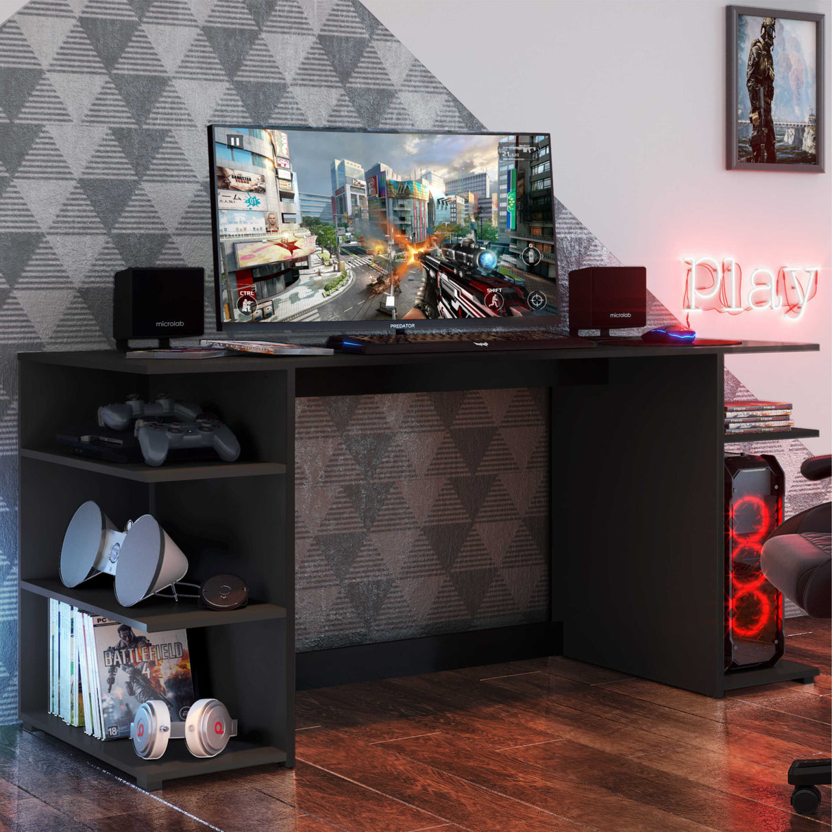 Escritorio Gamer Negro 136x74cm con Organizador de Libros