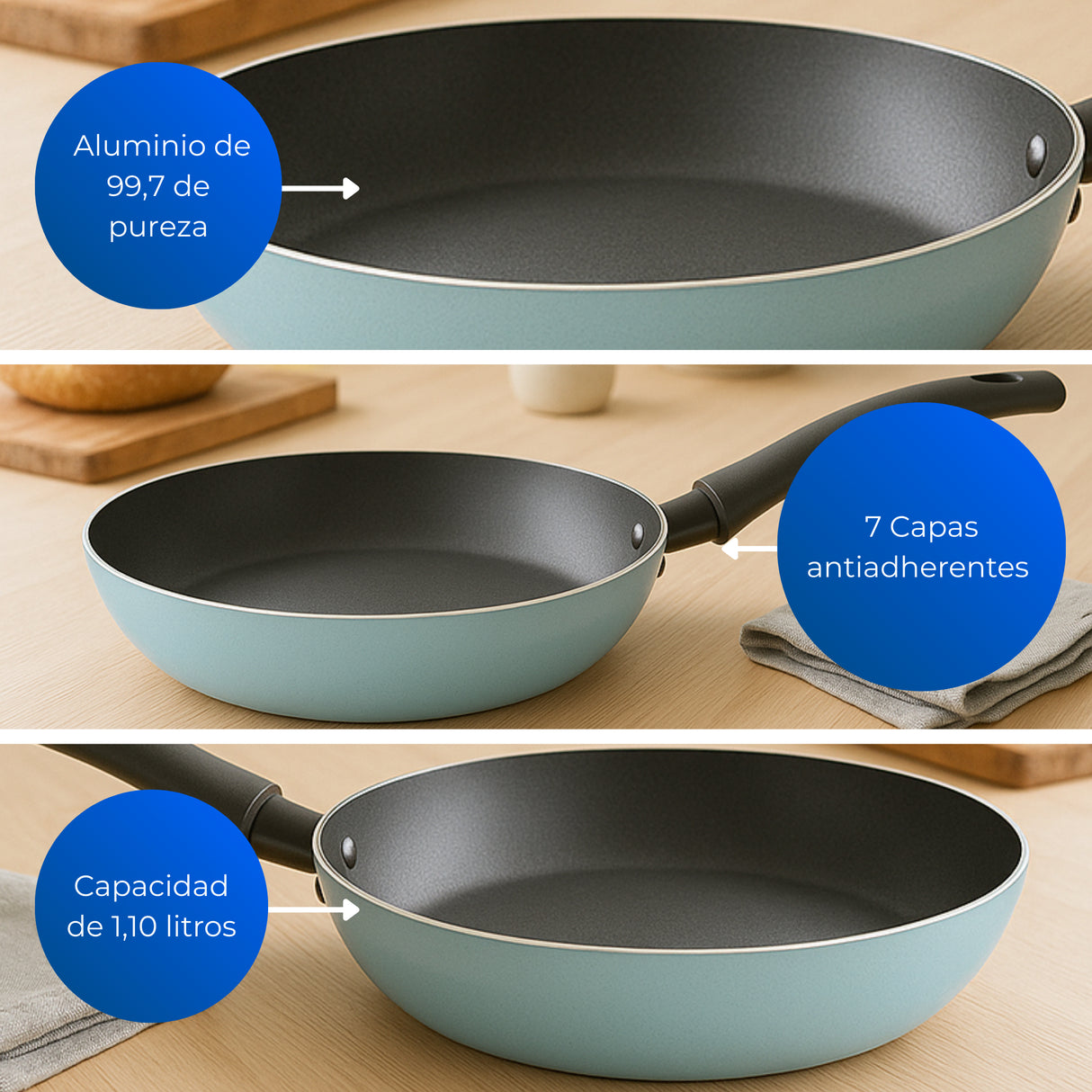 Sarten Blue Azul Claro 38.3x23.4cm de Aluminio Antiadherente de 1.1 Litros sin Tapa