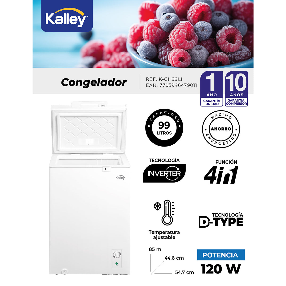 Congelador Kalley Inverter Dual Blanco 54.7x85cm de 99 Litros con Iluminación Interna
