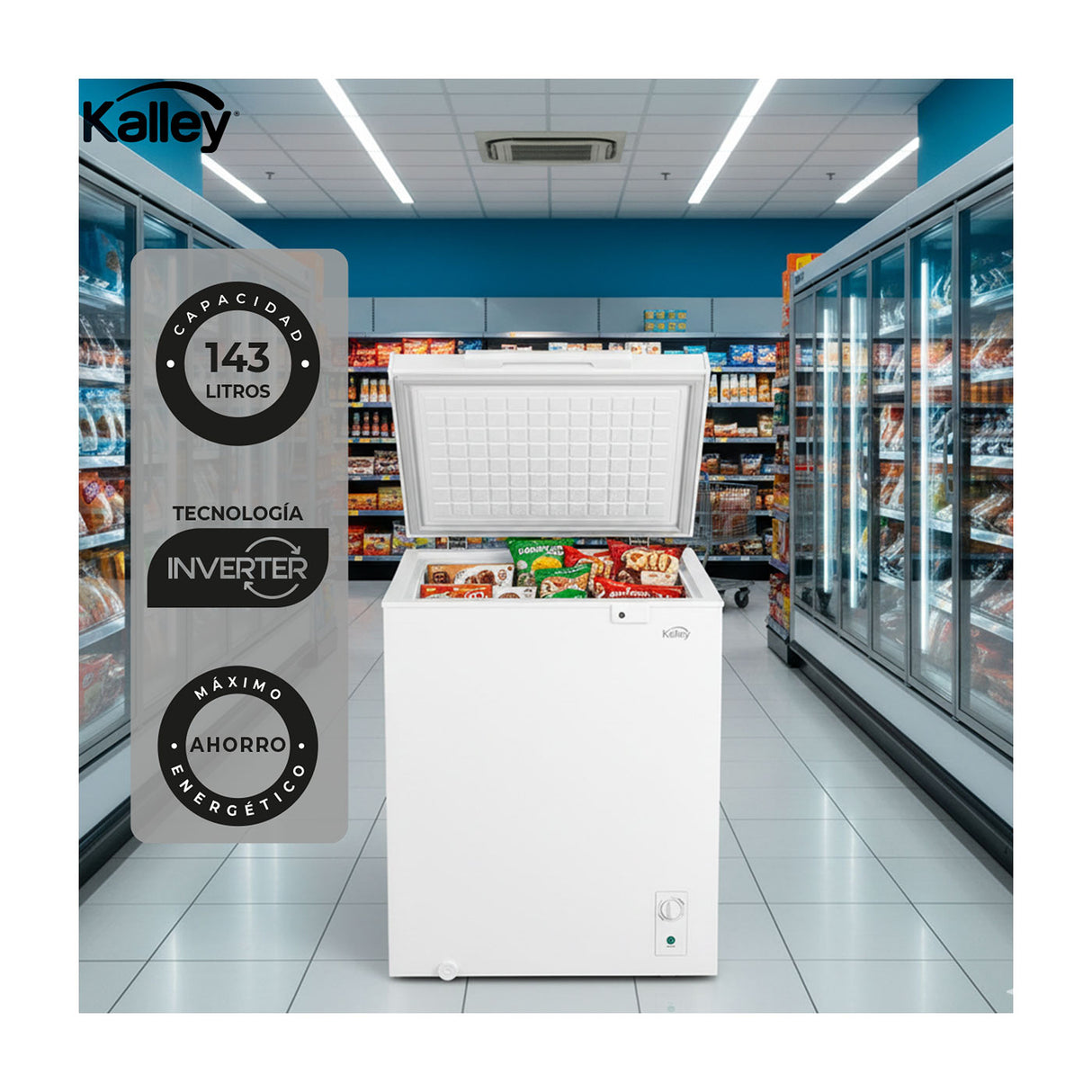 Congelador Kalley Inverter Dual Blanco 56x85cm de 143 Litros con Iluminación Interna