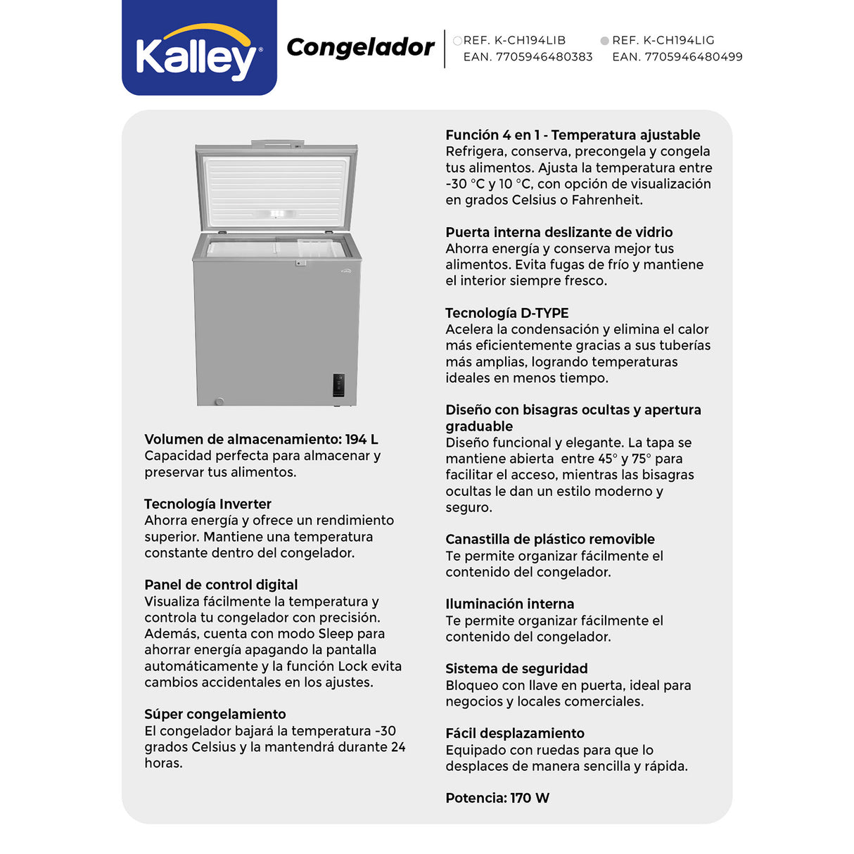 Congelador Kalley Inverter Dual Blanco 55x85cm de 194 Litros con Iluminación Interna