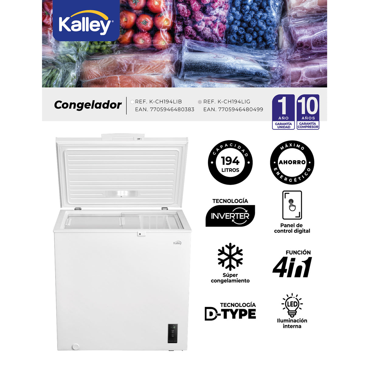 Congelador Kalley Inverter Dual Gris 55x85cm de 194 Litros con Iluminación Interna