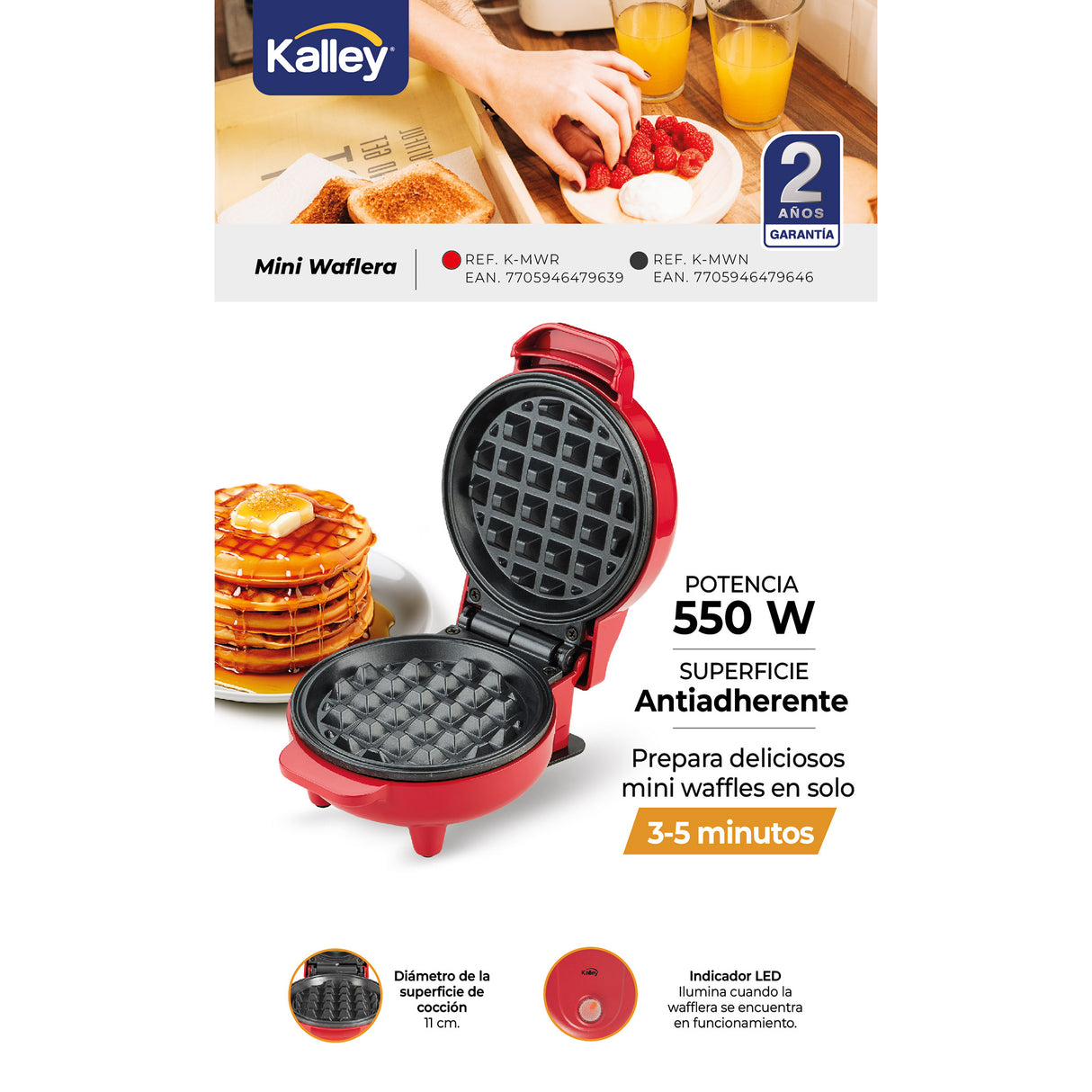 Mini Waflera Kalley Negro Mate 16x8.4cm de Un Puesto