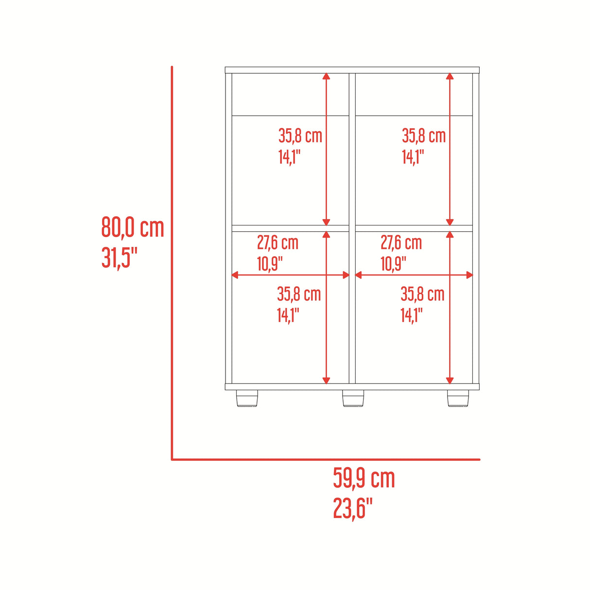 Biblioteca Otto Avellana 59.9x80cm Rectangular con Cuatro Compartimientos y Dos Entrepaños