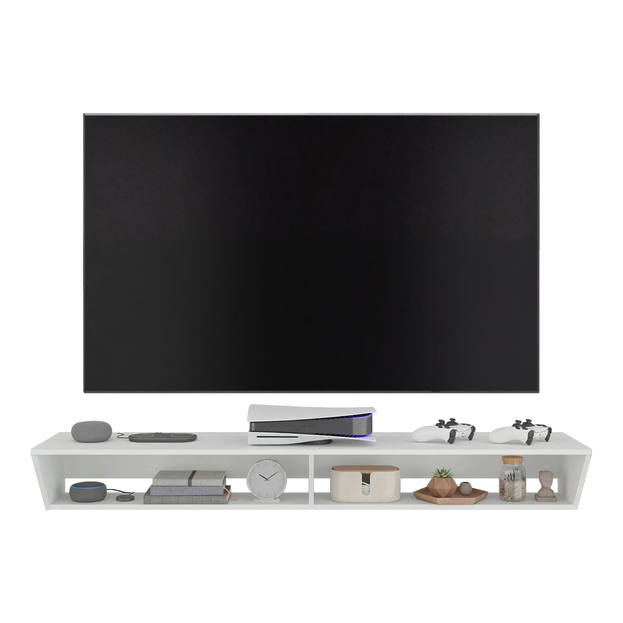 Rack de TV Russel Blanco 160x18.1cm Flotante para TV Hasta 65" Pulgadas con Dos Compartimientos y con Ranura para Cables
