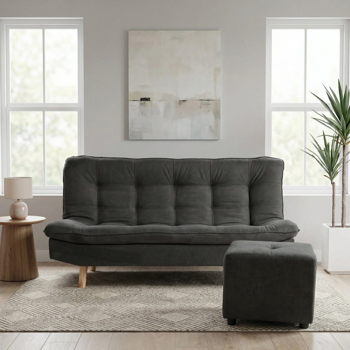 Combo Sofá Cama y Puff Bilbao Gris 120x93cm de Tres Puestos Reclinable Antifluido sin Apoya Brazos