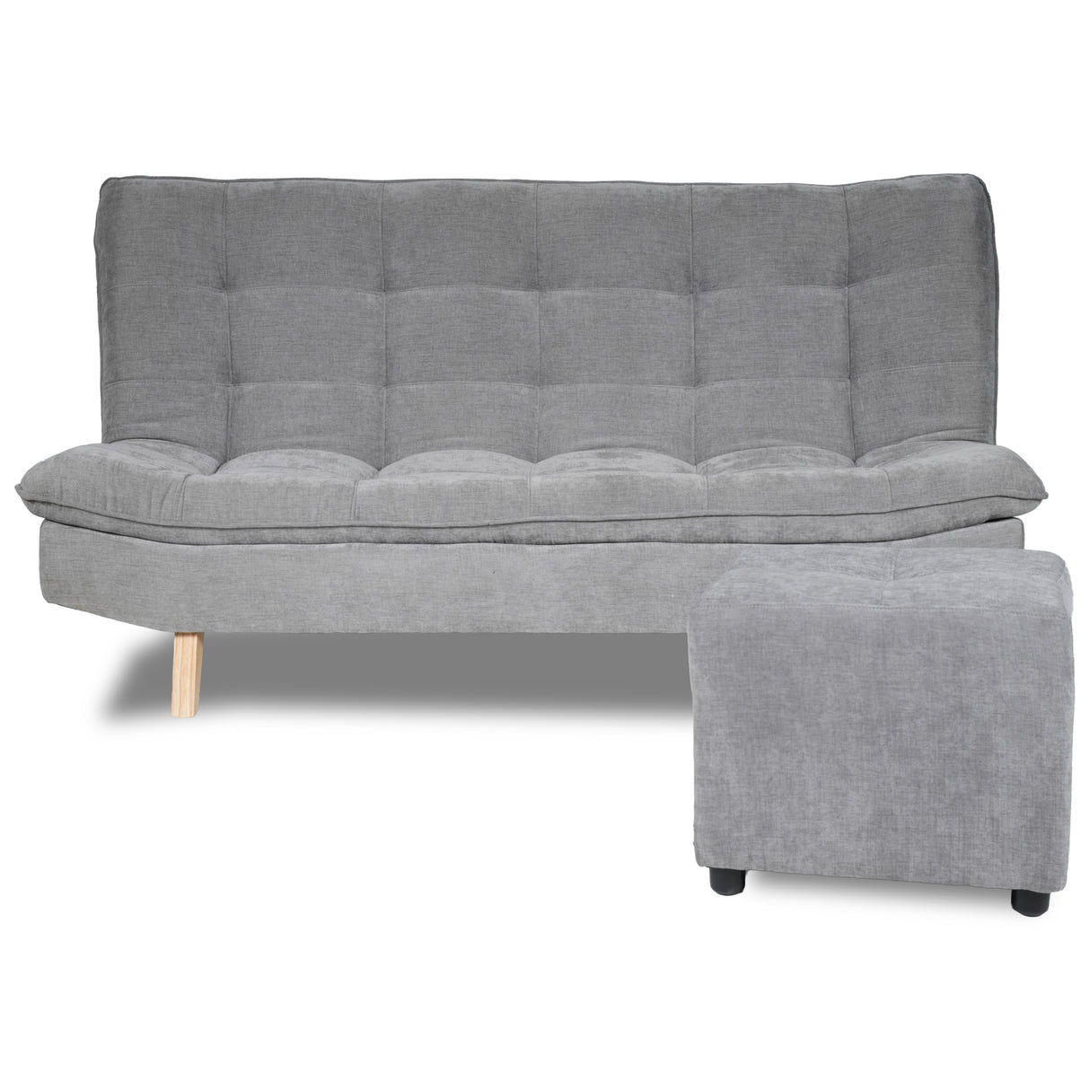 Combo Sofá Cama y Puff Bilbao Plata 120x93cm de Tres Puestos Reclinable Antifluido sin Apoya Brazos