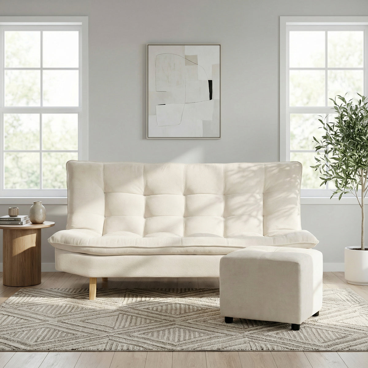 Combo Sofá Cama y Puff Bilbao Marfil 178x98cm de Tres Puestos Reclinable Antifluido sin Apoya Brazos