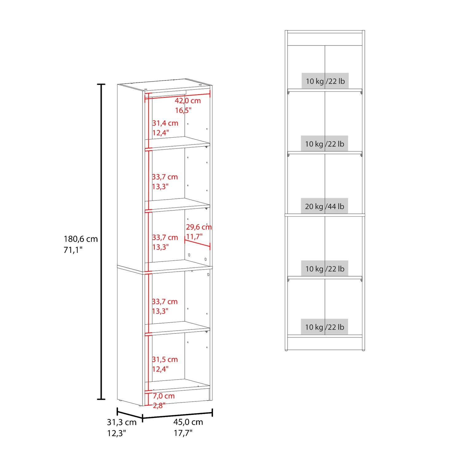 Estantería E-M5 Cartagena y Wengue 45x180.6cm con Cinco Compartimientos y con Tres Entrepaños