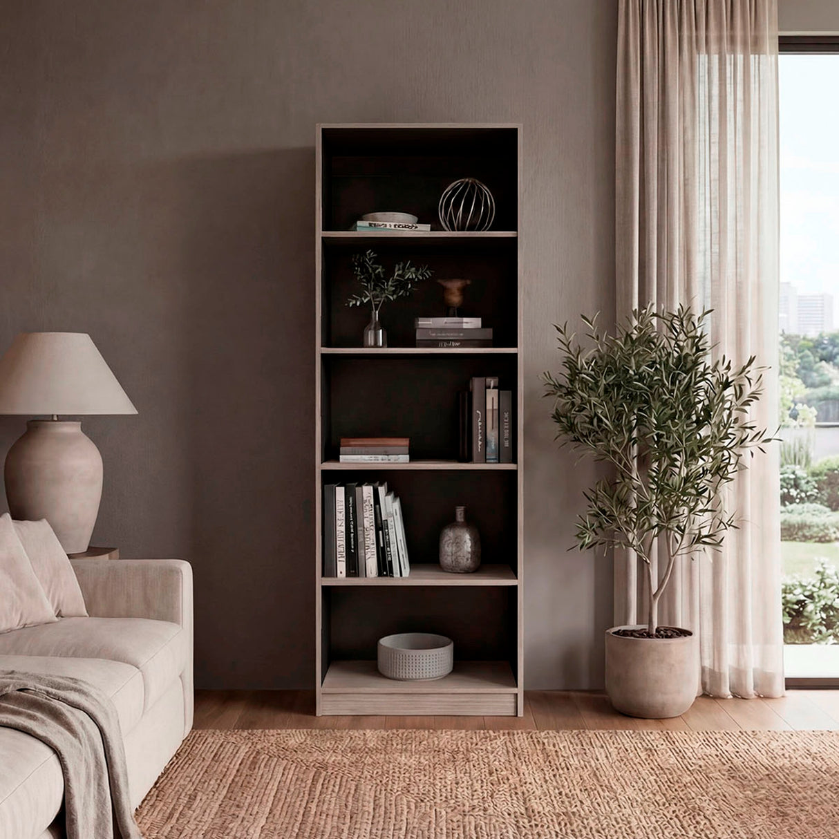 Estantería E-M3 Gris Positano y Wengue 62.8x180.6cm con Cinco Compartimientos y con Cuatro Entrepaños