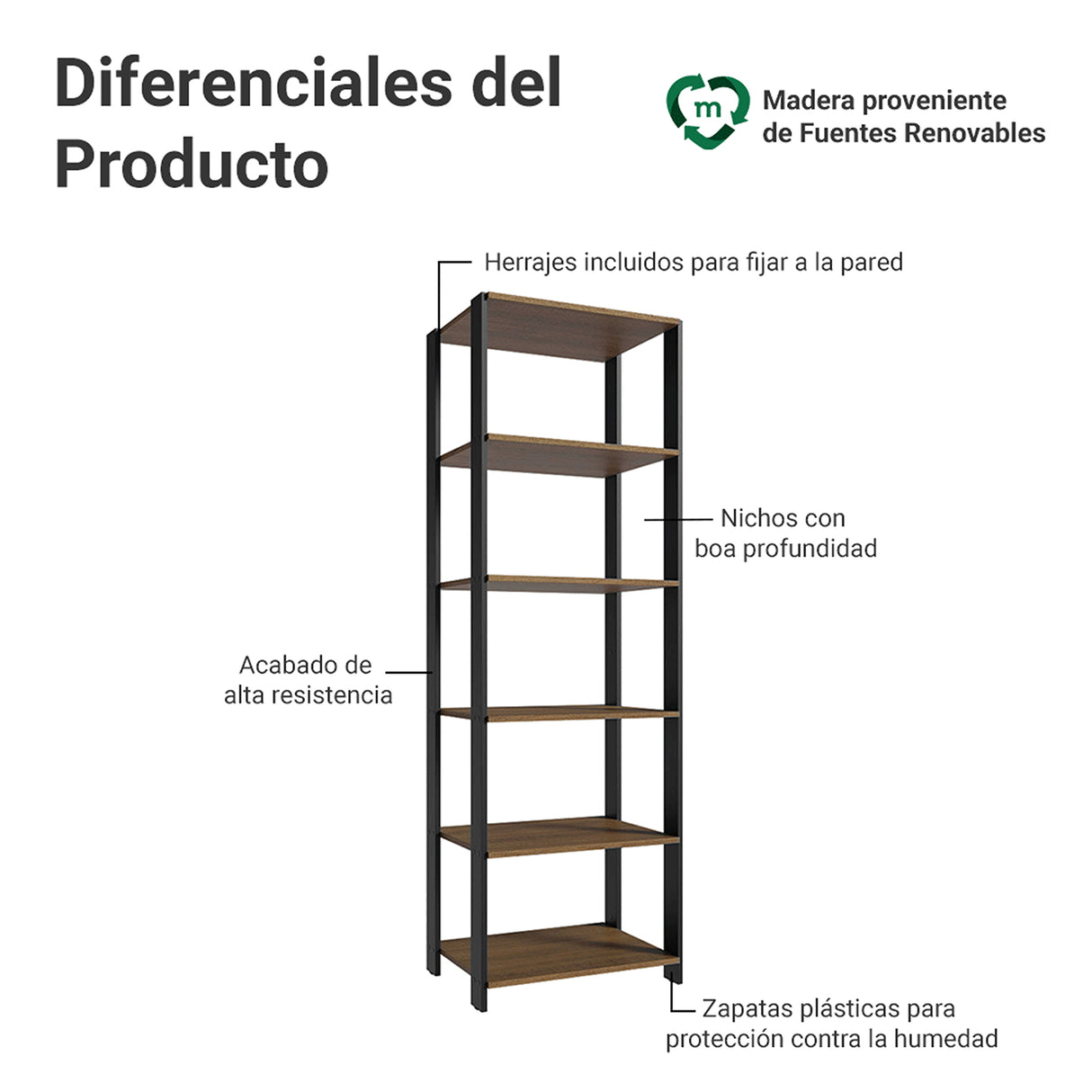Estantería Marrón y Negro 59x180cm con Cinco Compartimientos y con Cinco Entrepaños de Resistencia 8 KG cada uno