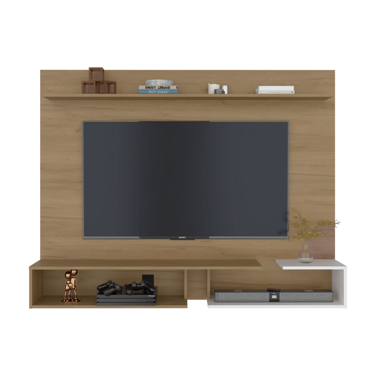 Panel de TV Desa Fresno y Blanco 164.2x128cm Flotante para TV Hasta 65" Pulgadas con Dos Compartimientos