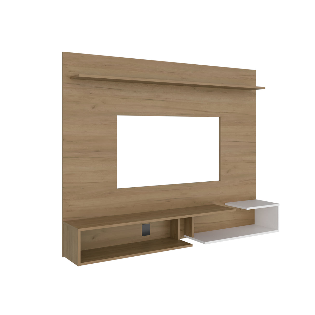Panel de TV Desa Fresno y Blanco 164.2x128cm Flotante para TV Hasta 65" Pulgadas con Dos Compartimientos