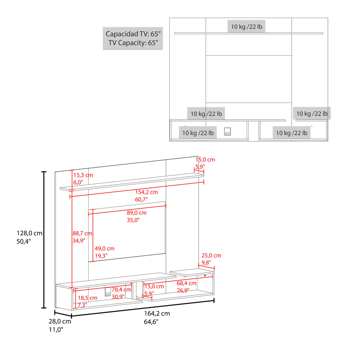 Panel de TV Desa Fresno y Blanco 164.2x128cm Flotante para TV Hasta 65" Pulgadas con Dos Compartimientos