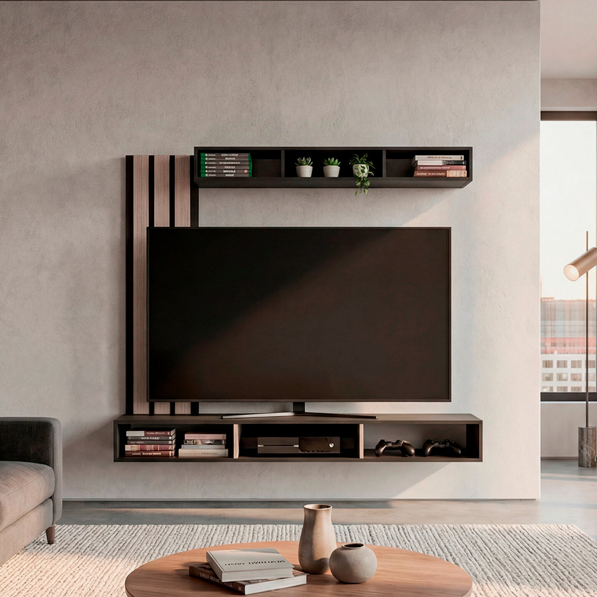 Panel de TV Joice Wengue y Gris Positano 160x138.2cm Flotante para TV Hasta 65" Pulgadas con Seis Compartimientos