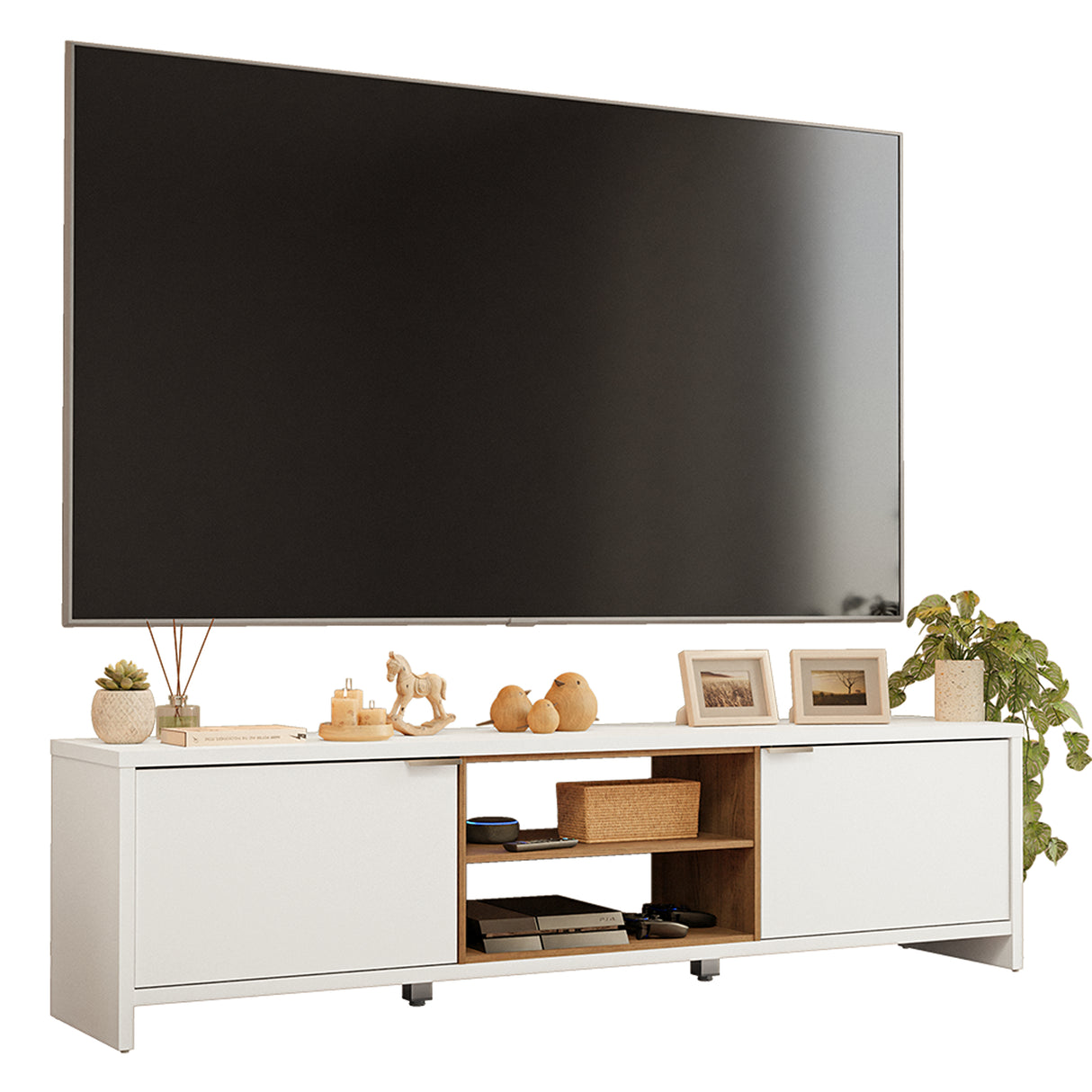 Centro de Entretenimiento Linz Blanco y Marrón 180x48cm para TV Hasta 80" Pulgadas con Cuatro Compartimientos