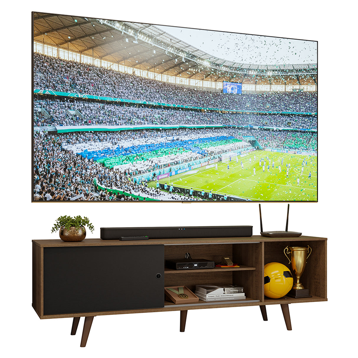 Centro de Entretenimiento Torino Marrón y Negro 160x53cm para TV Hasta 65" Pulgadas con Cuatro Compartimientos