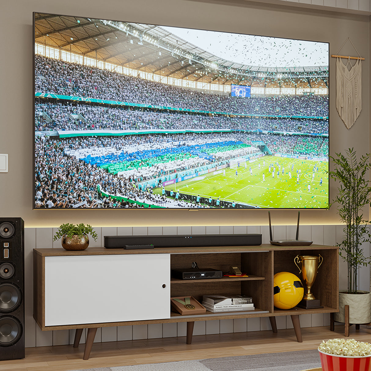 Centro de Entretenimiento Torino Marrón y Blanco 160x53cm para TV Hasta 65" Pulgadas con Cuatro Compartimientos