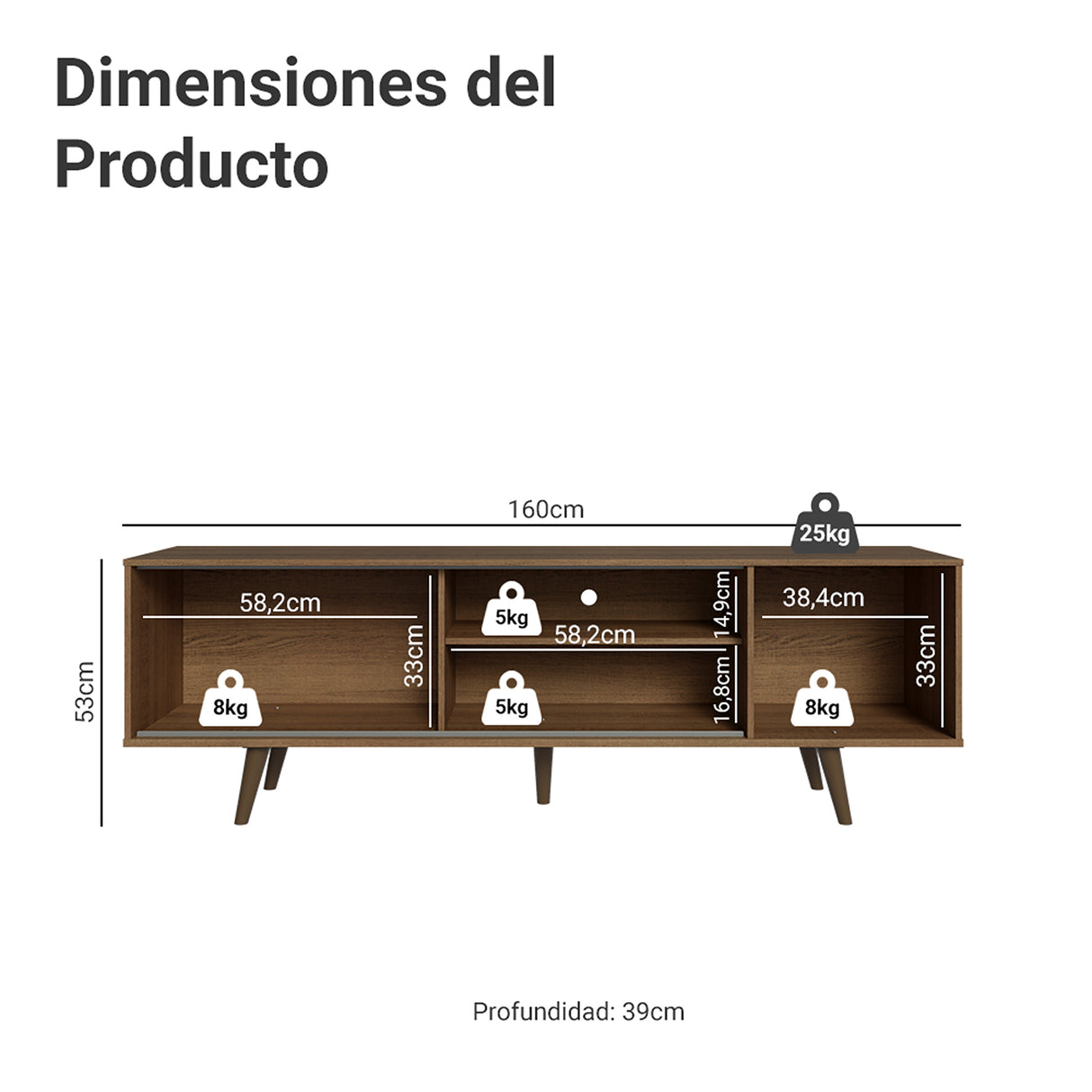 Centro de Entretenimiento Torino Marrón y Blanco 160x53cm para TV Hasta 65" Pulgadas con Cuatro Compartimientos