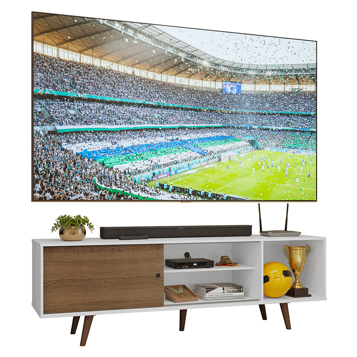 Centro de Entretenimiento Torino Blanco y Marrón 160x53cm para TV Hasta 65" Pulgadas con Cuatro Compartimientos