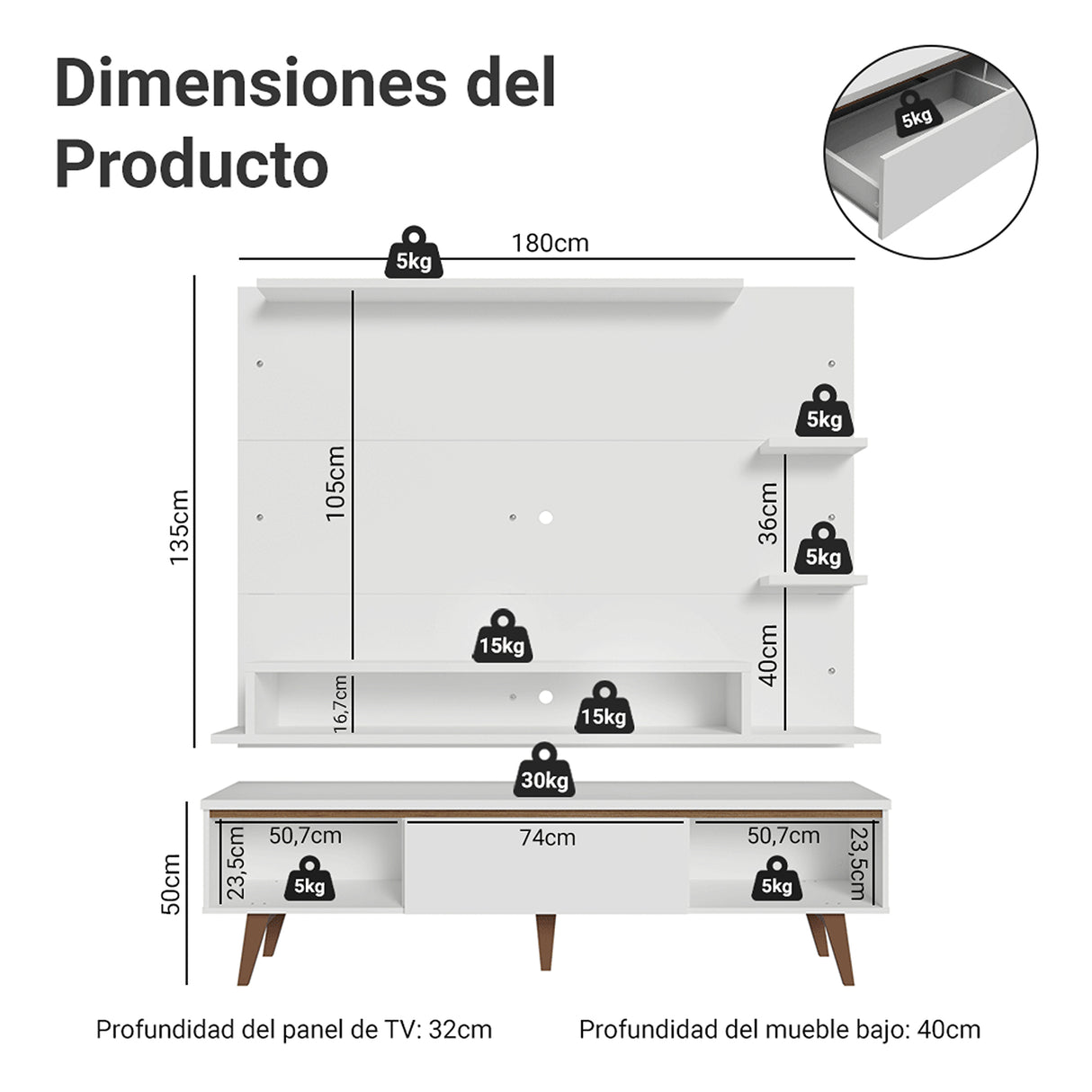 Centro de Entretenimiento Reims Blanco y Marrón 180x50cm para TV Hasta 60" Pulgadas con Seis Compartimientos