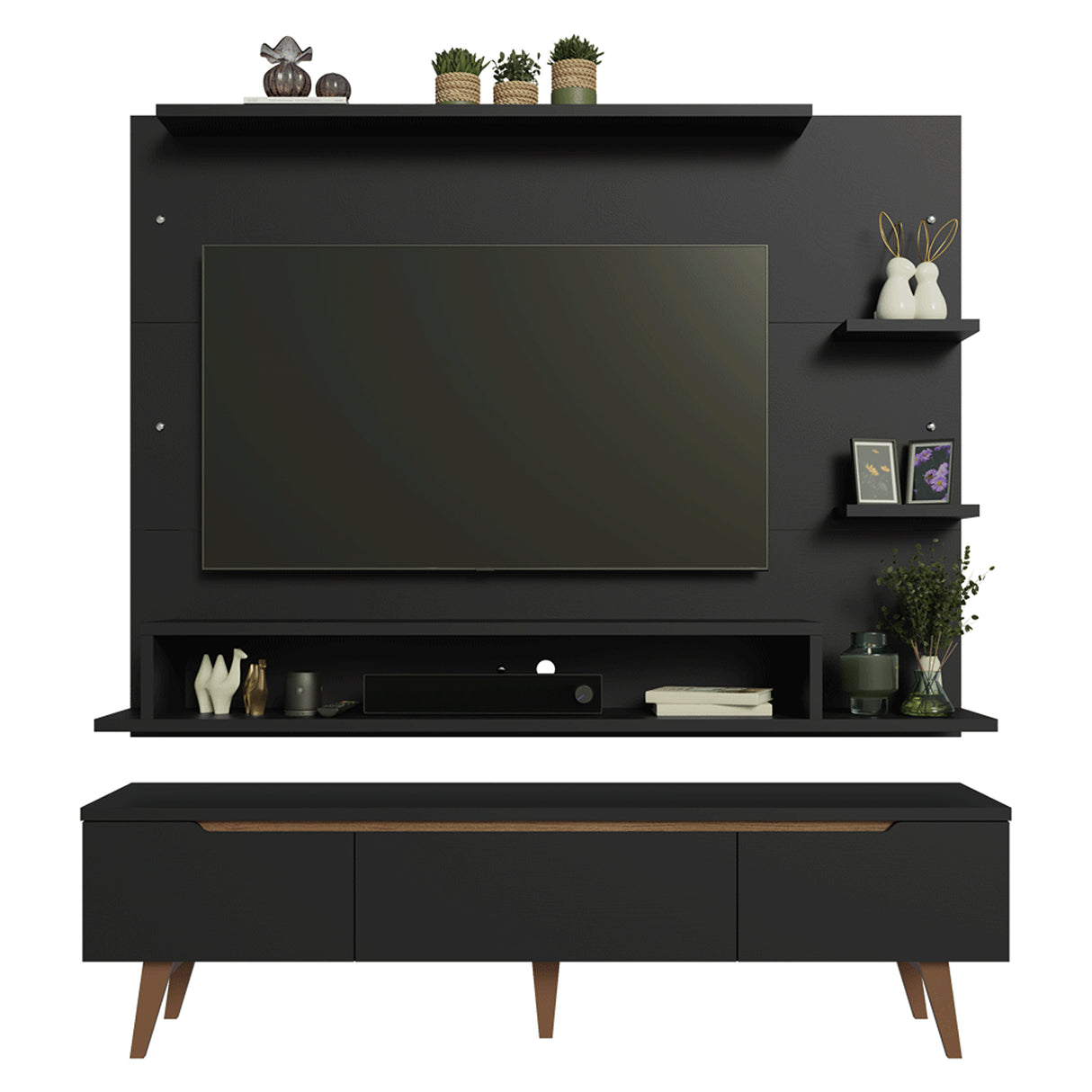 Centro de Entretenimiento Reims Negro y Marrón 180x50cm para TV Hasta 60" Pulgadas con Seis Compartimientos