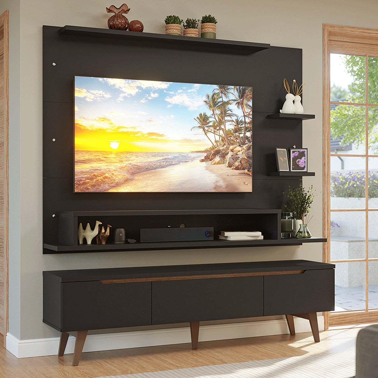 Centro de Entretenimiento Reims Negro y Marrón 180x50cm para TV Hasta 60" Pulgadas con Seis Compartimientos