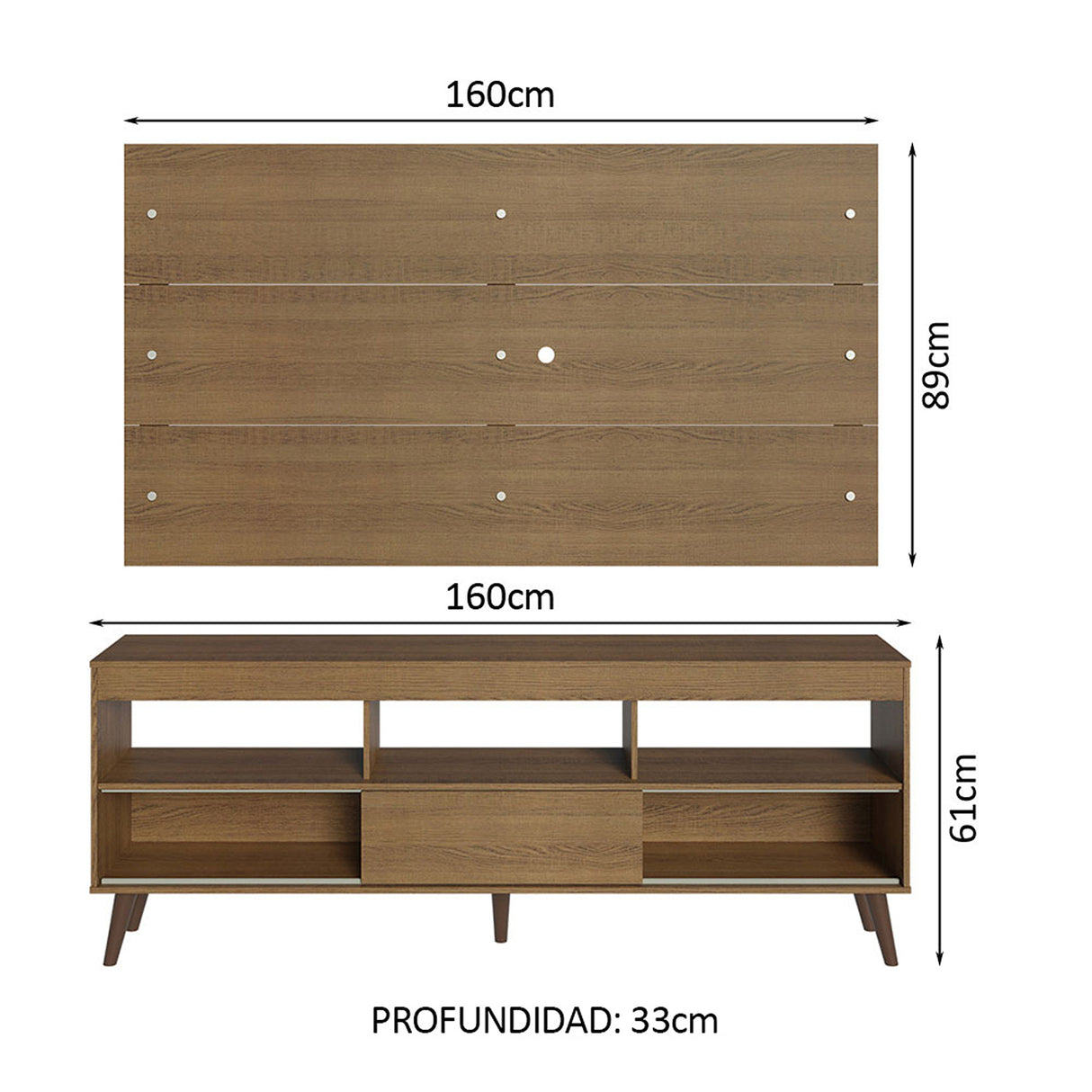 Centro de Entretenimiento Detroit Marrón 160x61cm para TV Hasta 65" Pulgadas con Cinco Compartimientos