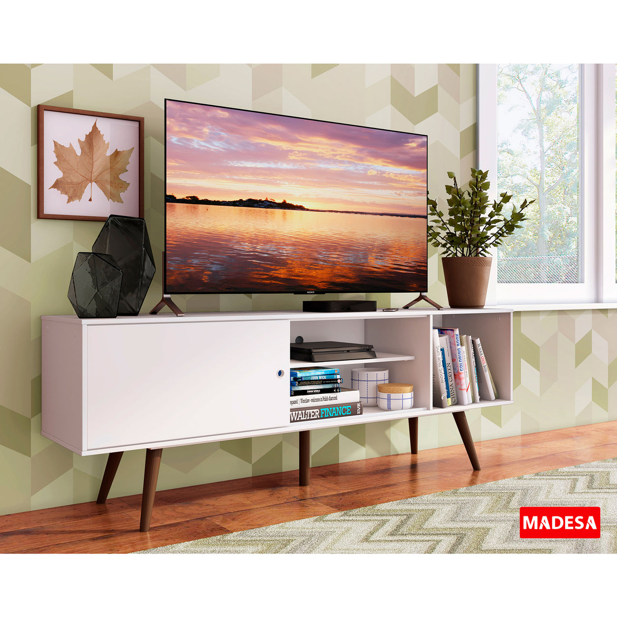 Centro de Entretenimiento Cairo Blanco y Marrón 160x58cm para TV Hasta 65" Pulgadas con Cuatro Compartimientos