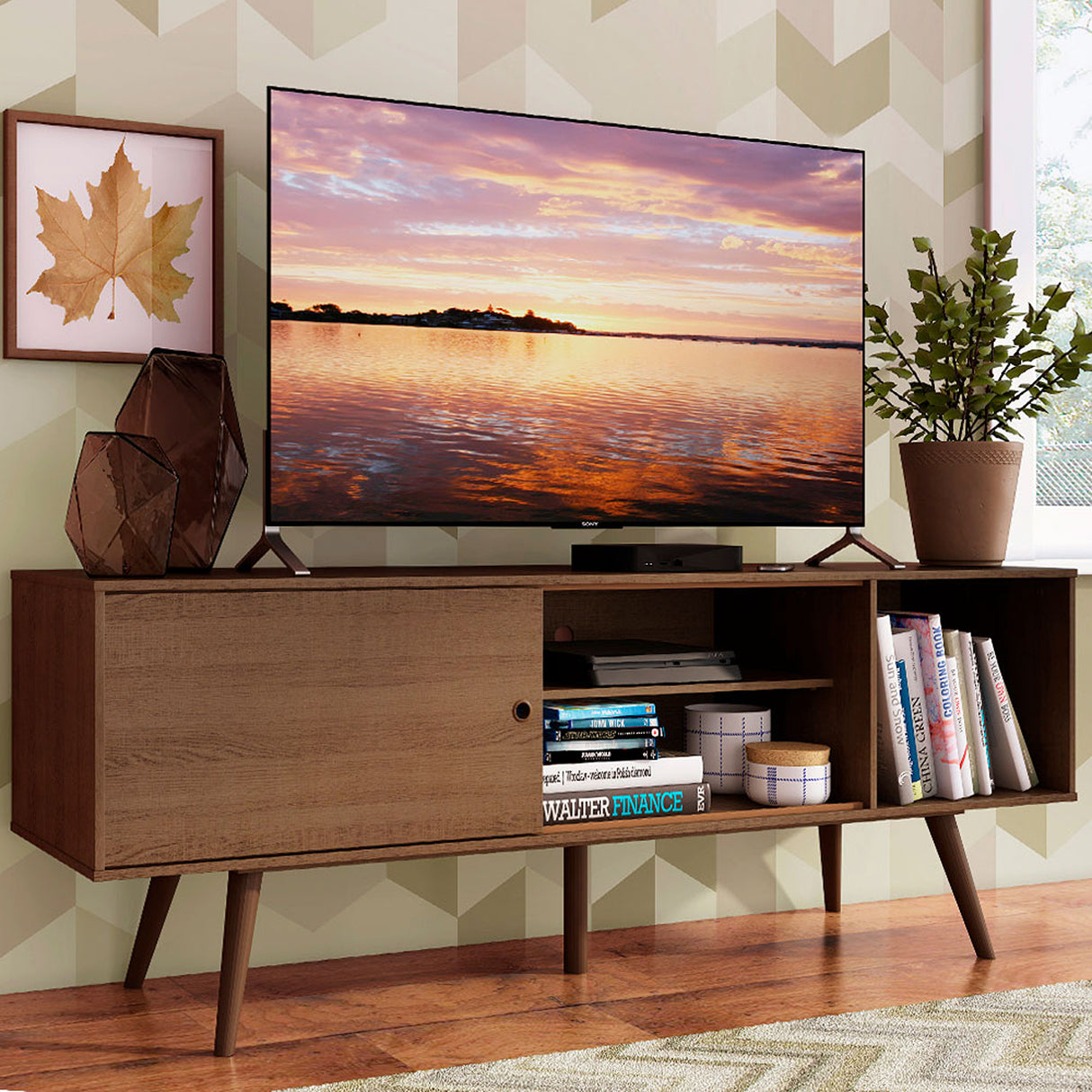 Centro de Entretenimiento Cairo Marrón 160x58cm para TV Hasta 65" Pulgadas con Cuatro Compartimientos