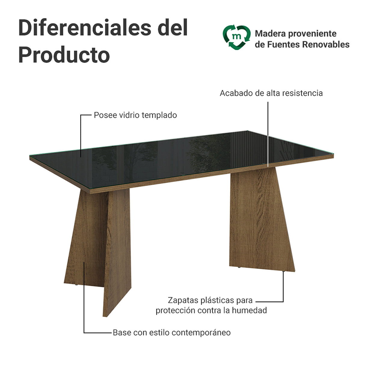 Mesa de Comedor Marrón y Negro 160x78cm Rectangular de Seis Puestos sin Sillas y con Vidrio