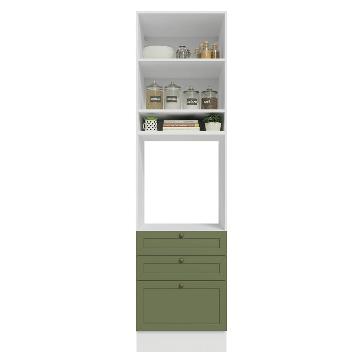 Módulo Para Microondas Vik Blanco y Verde 60x225cm con Una Puerta y con Tres Cajones