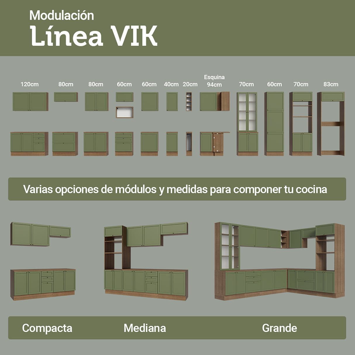 Módulo Para Microondas Vik Marrón y Verde 60x225cm con Una Puerta y con Tres Cajones