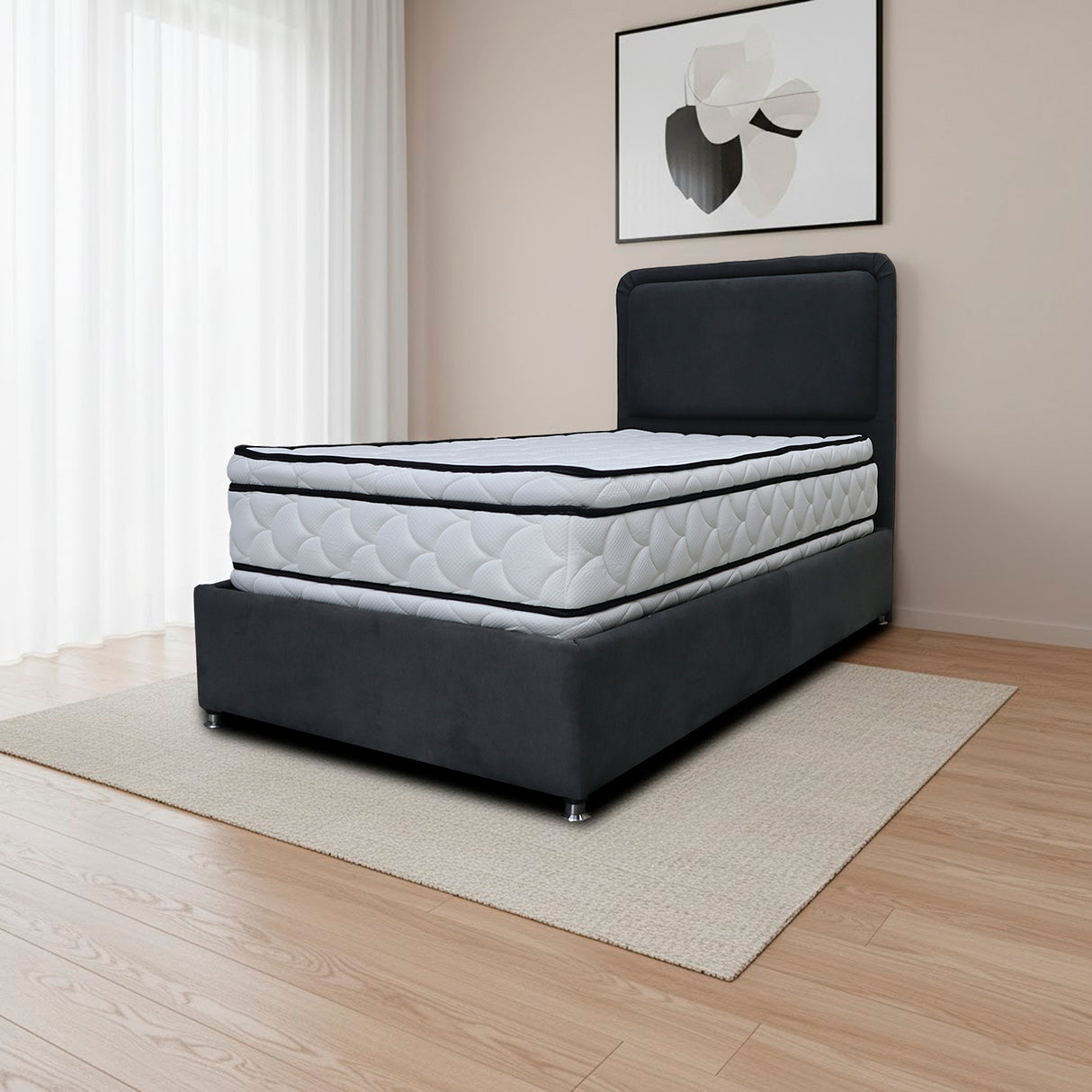 Combo Base Cama y Cabecero Nube Negro 120x30cm para Colchón Semidoble 120 X 190 Cm con Colchón