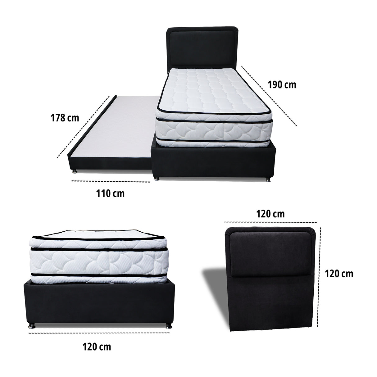 Combo Cama Tarima Nido y Cabecero Nube Negro 120x35cm para Colchón Semidoble 120 X 190 Cm con Colchón