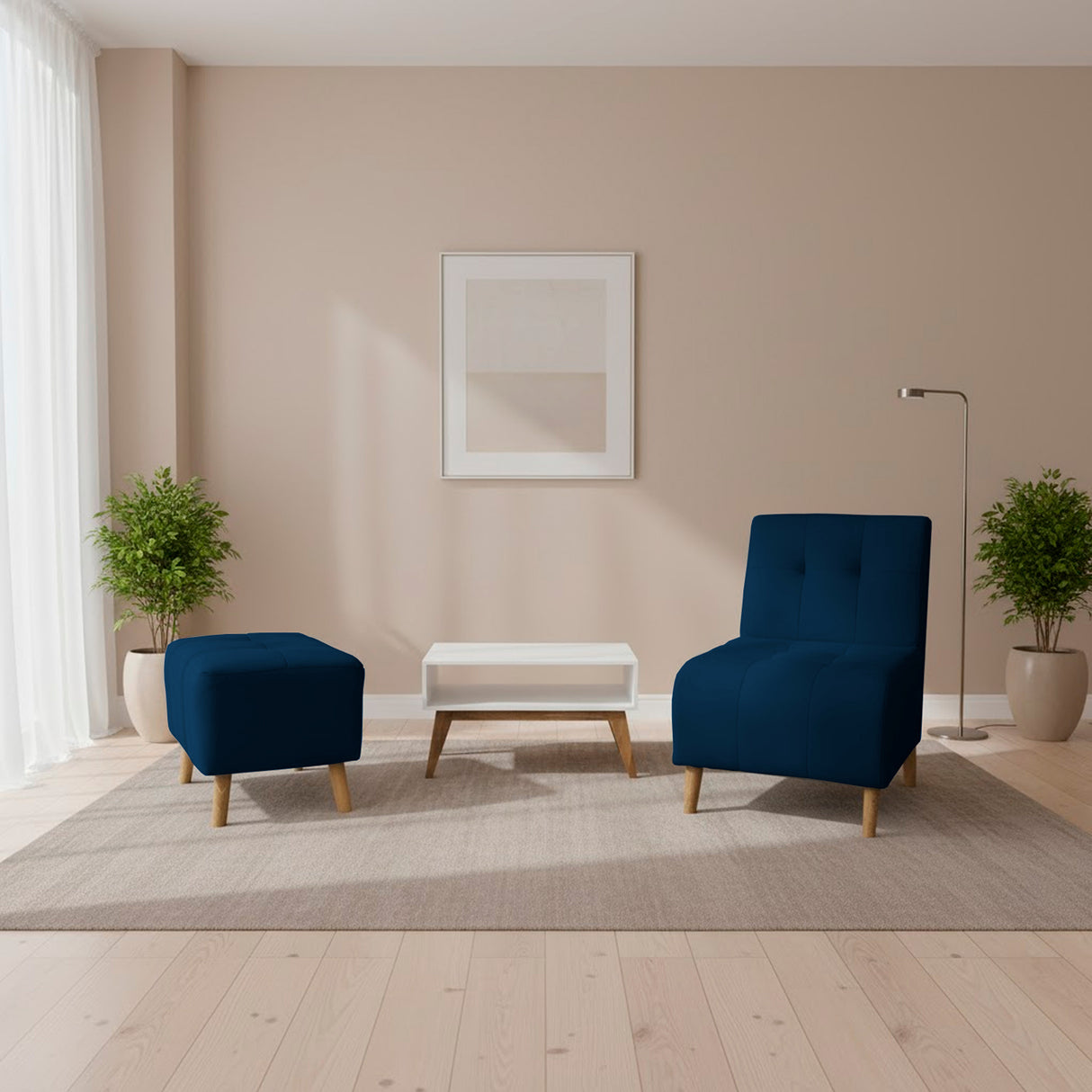 Combo Poltrona y Puff Milan Azul 60x95cm de Dos Puestos sin Apoya Brazos