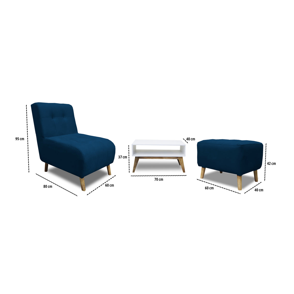Combo Poltrona y Puff Milan Azul 60x95cm de Dos Puestos sin Apoya Brazos