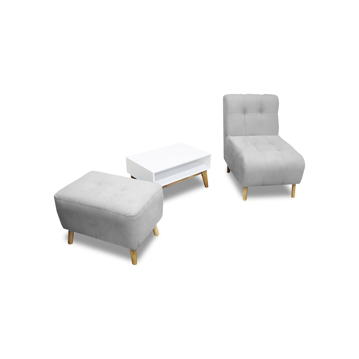 Combo Poltrona y Puff Milan Plata 60x95cm de Dos Puestos sin Apoya Brazos