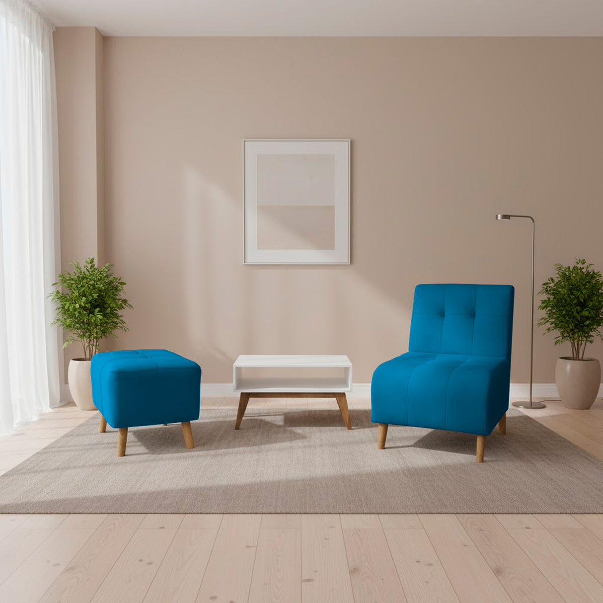 Combo Poltrona y Puff Milan Turquesa 60x95cm de Dos Puestos sin Apoya Brazos