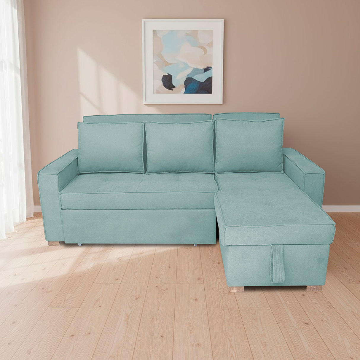 Sofá Cama Esquinero Marsella Menta 210x95cm de Cinco Puestos Reclinable con Apoya Brazos
