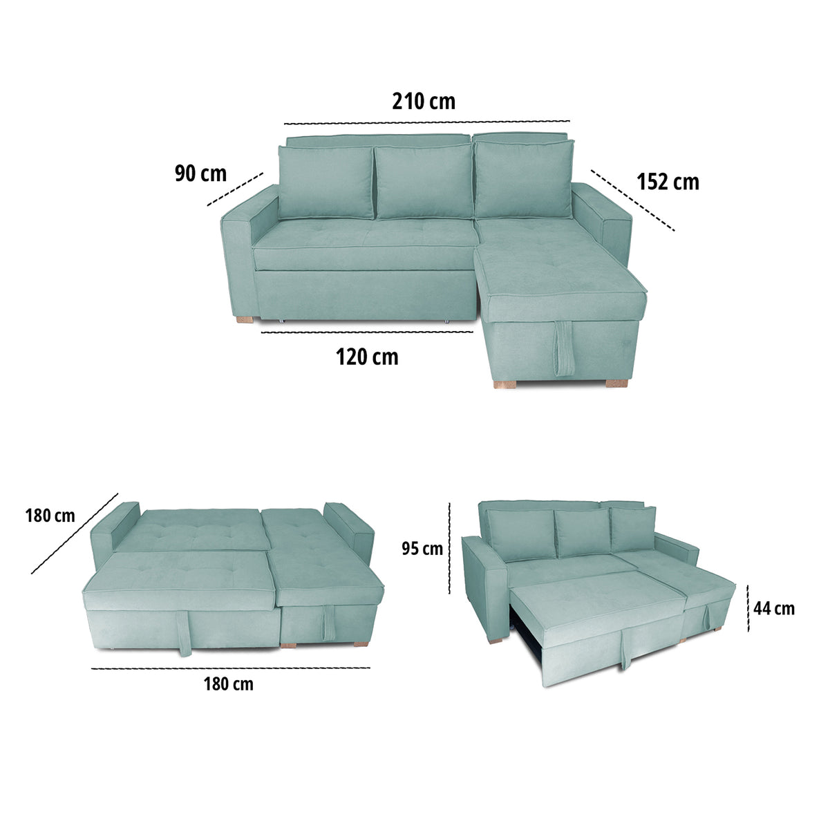 Sofá Cama Esquinero Marsella Menta 210x95cm de Cinco Puestos Reclinable con Apoya Brazos