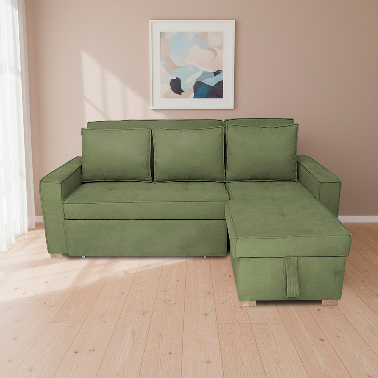 Sofá Cama Esquinero Marsella Verde 210x95cm de Cinco Puestos Reclinable con Apoya Brazos