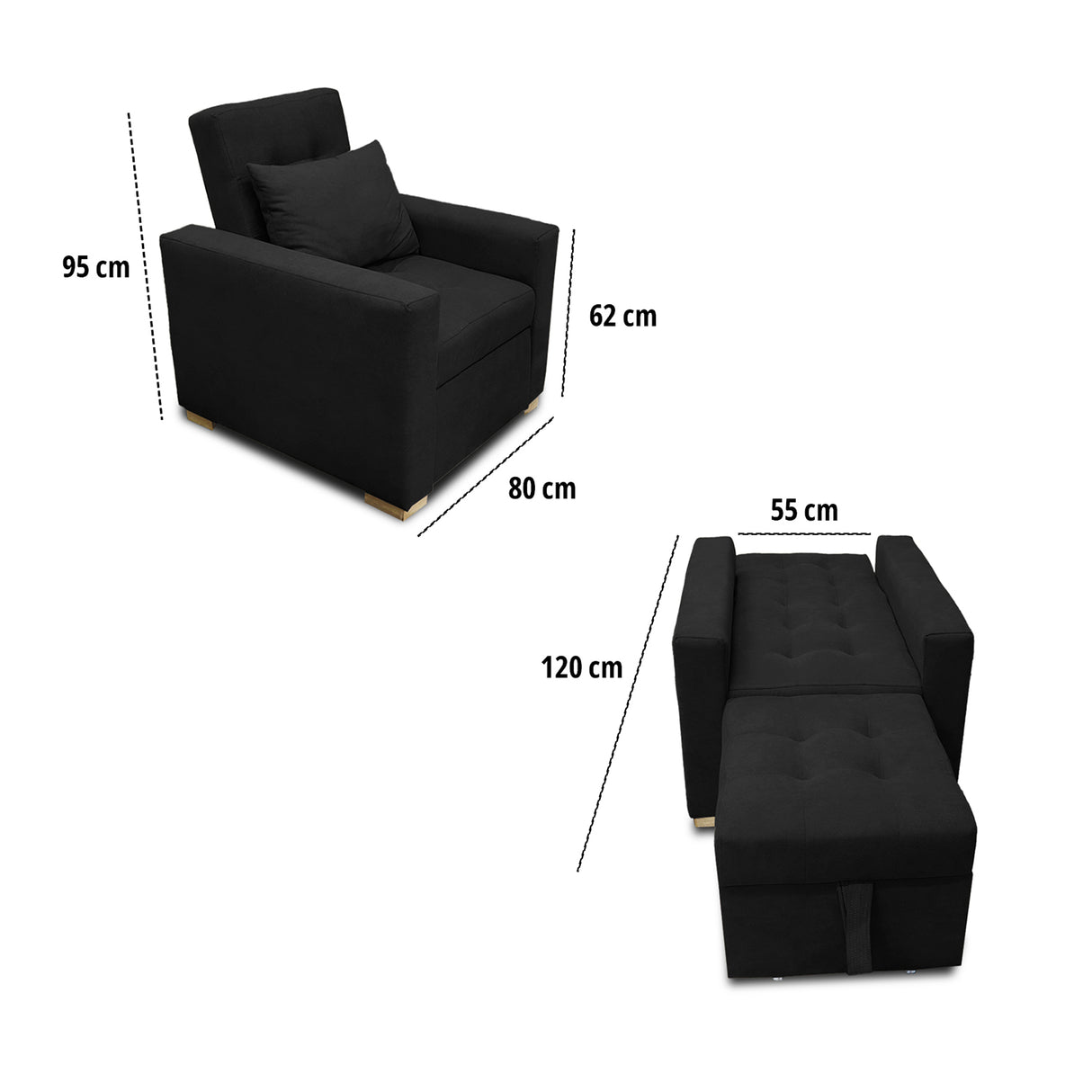 Poltrona Mood Negro 80x95cm de Un Puesto Reclinable sin Apoya Brazos