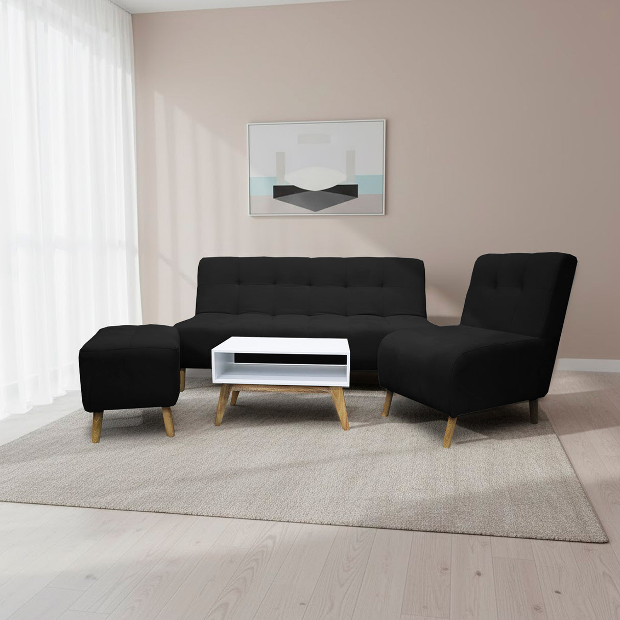 Sala Milan Negro 160x95cm de Cinco Puestos sin Apoya Brazos