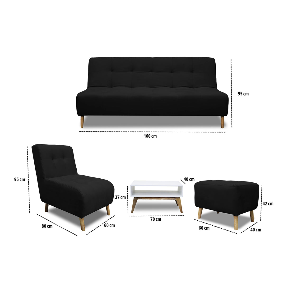 Sala Milan Negro 160x95cm de Cinco Puestos sin Apoya Brazos